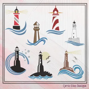 Lighthouse Machine Embroidery Design Bundle, Coastal Light House Island Design, Seaside Landscape, 7 Designs 6 Sizes Each Design (2378)