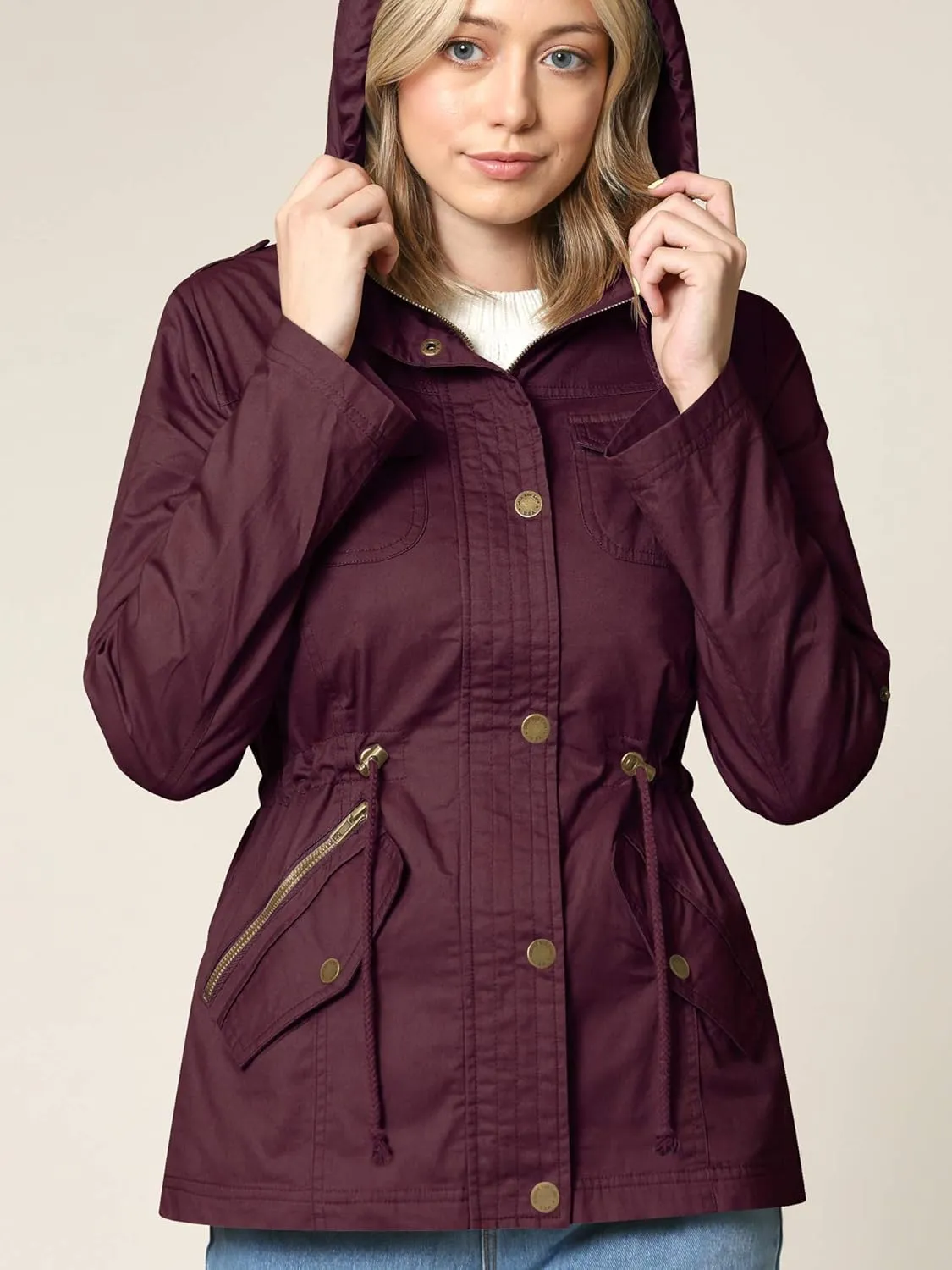 Lock and Love Women's Casual Military Anorak Jacket - Lightweight Detachable Hooded Safari Utility