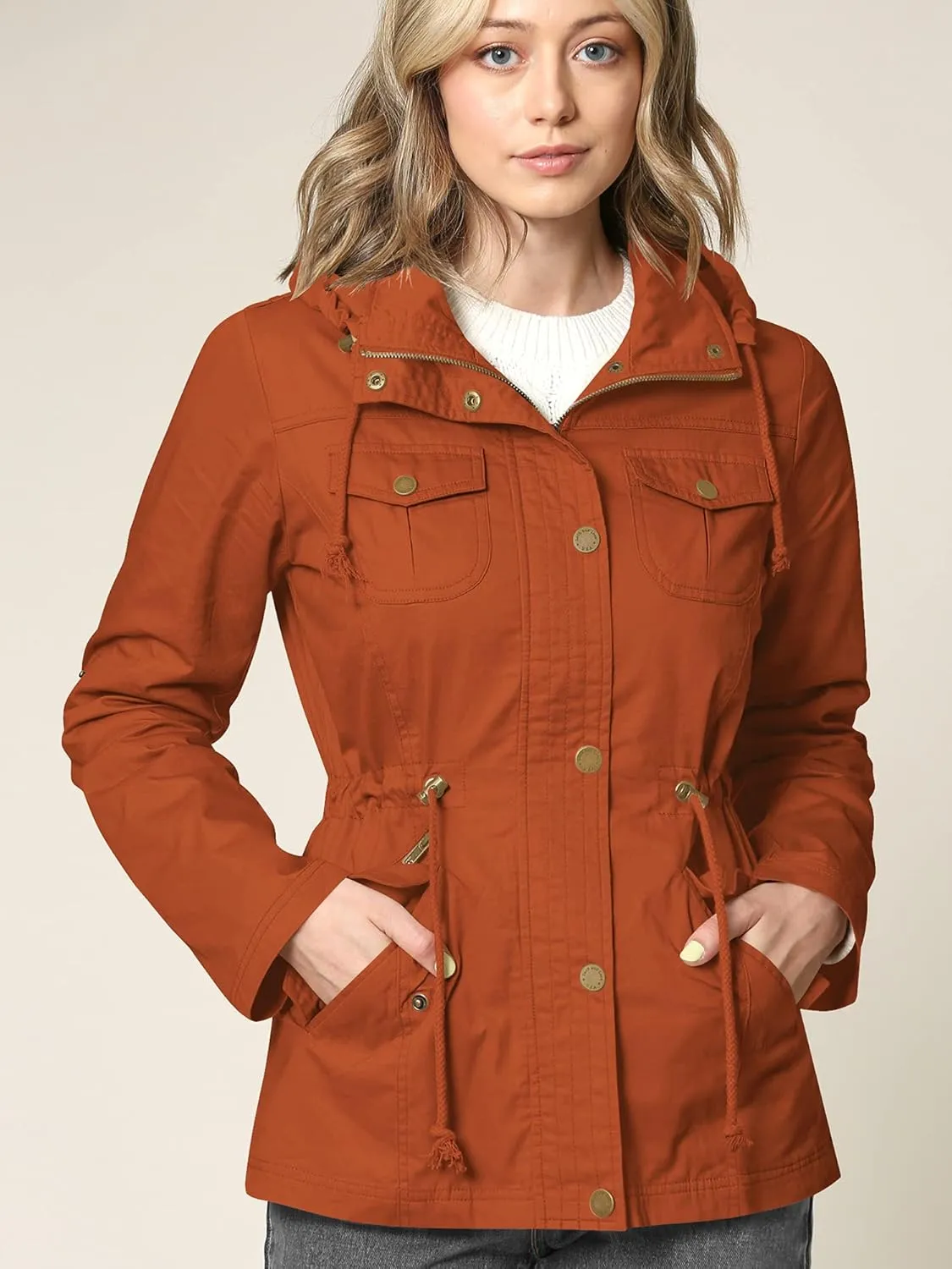 Lock and Love Women's Casual Military Anorak Jacket - Lightweight Detachable Hooded Safari Utility