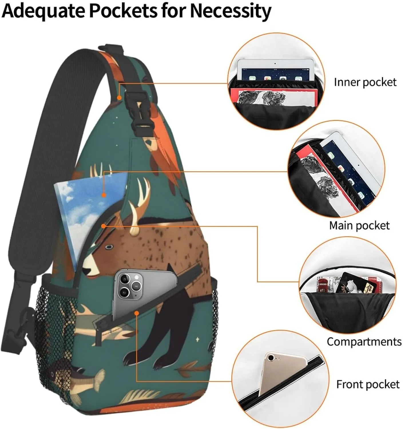 Lodge Bear Deer Fishes Unisex Casual Diagonal Chest Bag,Multipurpose Crossbody Shoulder Bag Travel Hiking Daypack