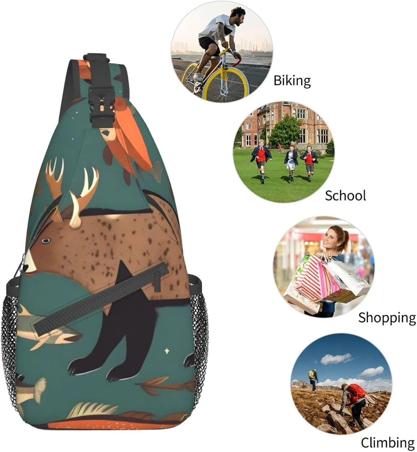 Lodge Bear Deer Fishes Unisex Casual Diagonal Chest Bag,Multipurpose Crossbody Shoulder Bag Travel Hiking Daypack
