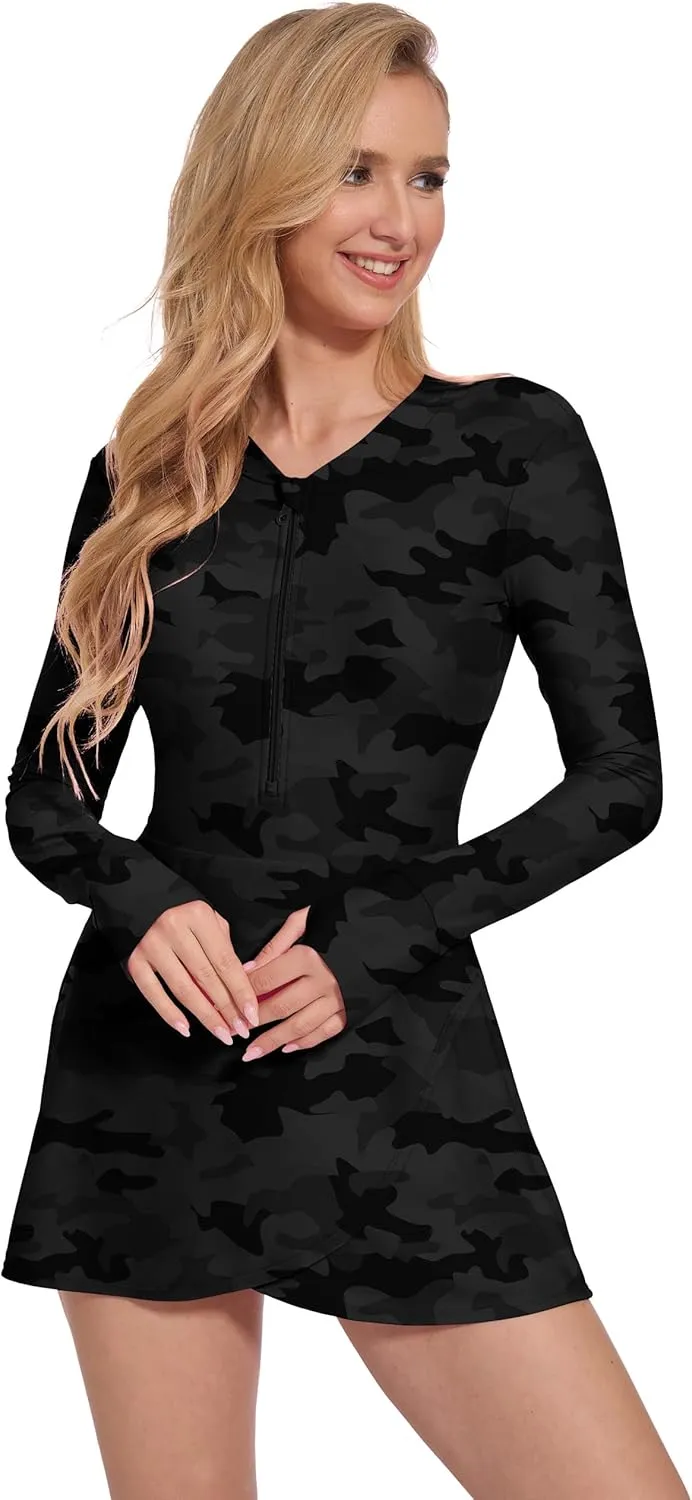 Long Sleeve Swimsuits for Women UPF 50  Swim Dress Swimwear One Piece Bathing Suit with Skirts Rash Guard Over 50