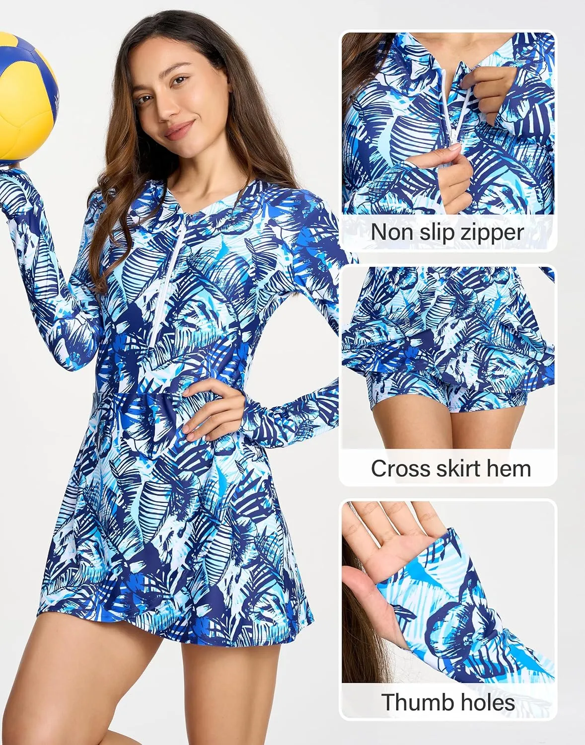 Long Sleeve Swimsuits for Women UPF 50  Swim Dress Swimwear One Piece Bathing Suit with Skirts Rash Guard Over 50