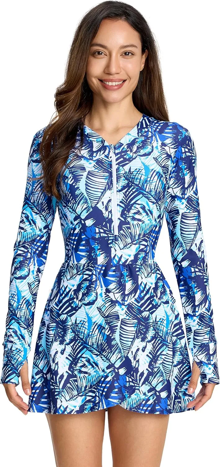 Long Sleeve Swimsuits for Women UPF 50  Swim Dress Swimwear One Piece Bathing Suit with Skirts Rash Guard Over 50