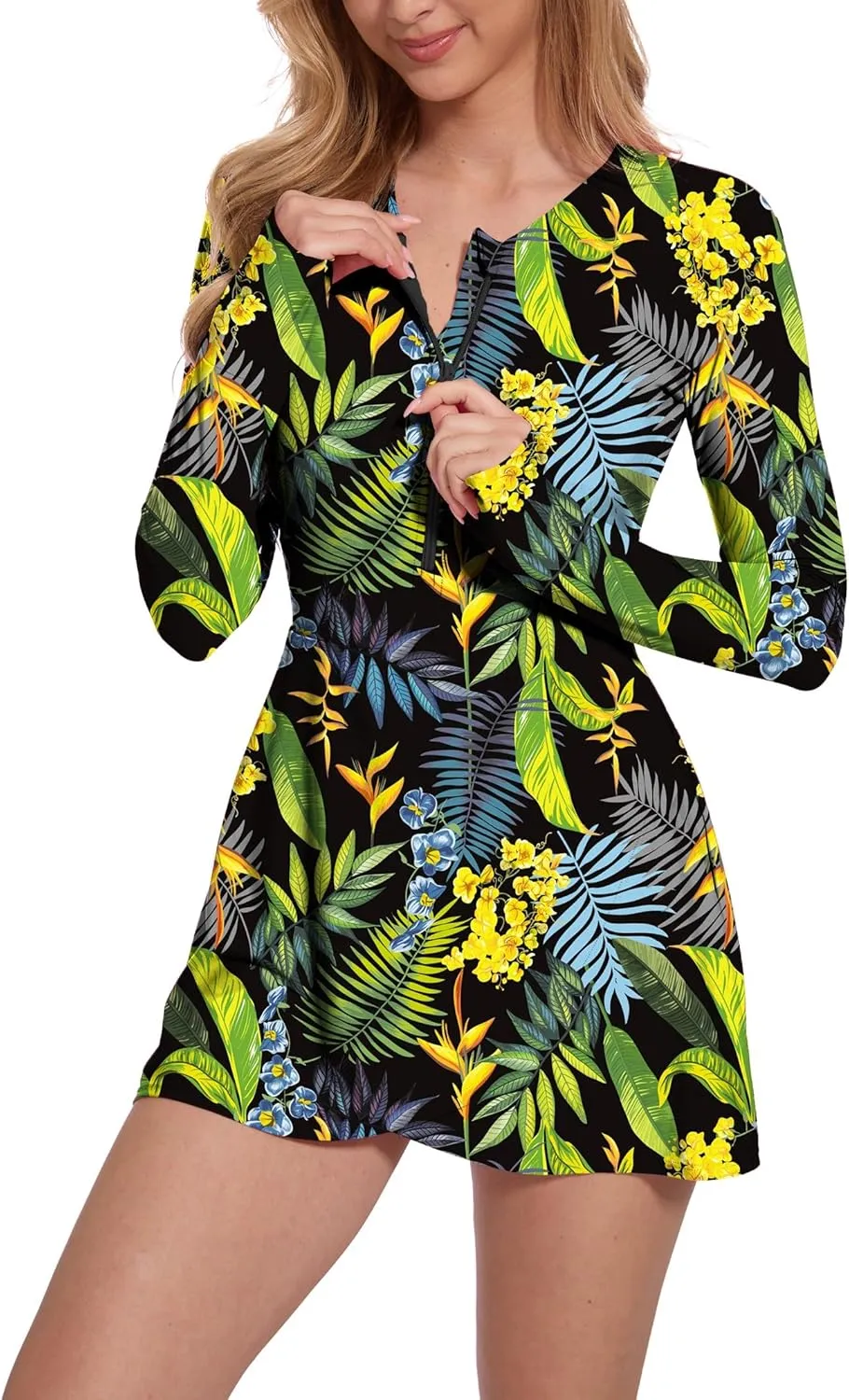 Long Sleeve Swimsuits for Women UPF 50  Swim Dress Swimwear One Piece Bathing Suit with Skirts Rash Guard Over 50