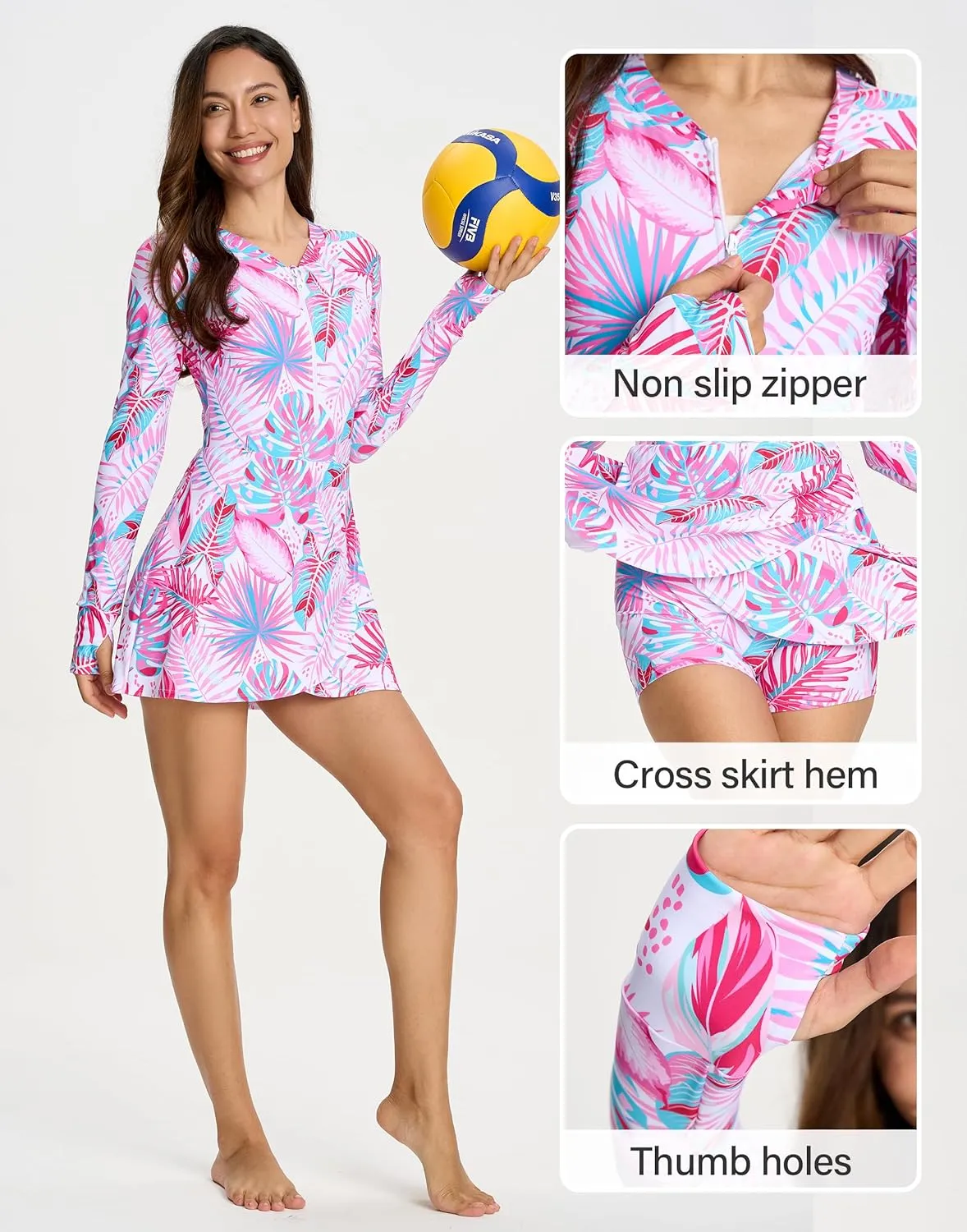 Long Sleeve Swimsuits for Women UPF 50  Swim Dress Swimwear One Piece Bathing Suit with Skirts Rash Guard Over 50