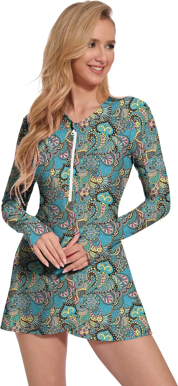 Long Sleeve Swimsuits for Women UPF 50  Swim Dress Swimwear One Piece Bathing Suit with Skirts Rash Guard Over 50