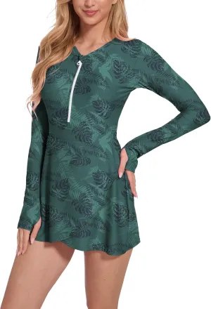 Long Sleeve Swimsuits for Women UPF 50  Swim Dress Swimwear One Piece Bathing Suit with Skirts Rash Guard Over 50