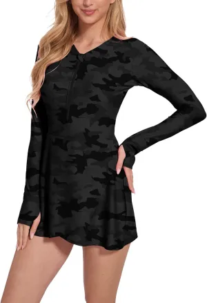Long Sleeve Swimsuits for Women UPF 50  Swim Dress Swimwear One Piece Bathing Suit with Skirts Rash Guard Over 50