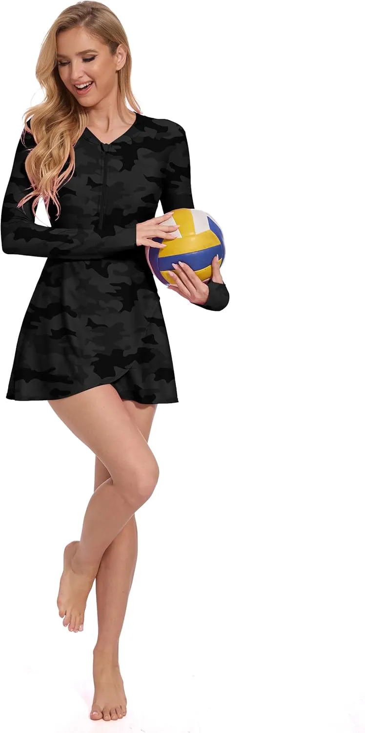 Long Sleeve Swimsuits for Women UPF 50  Swim Dress Swimwear One Piece Bathing Suit with Skirts Rash Guard Over 50