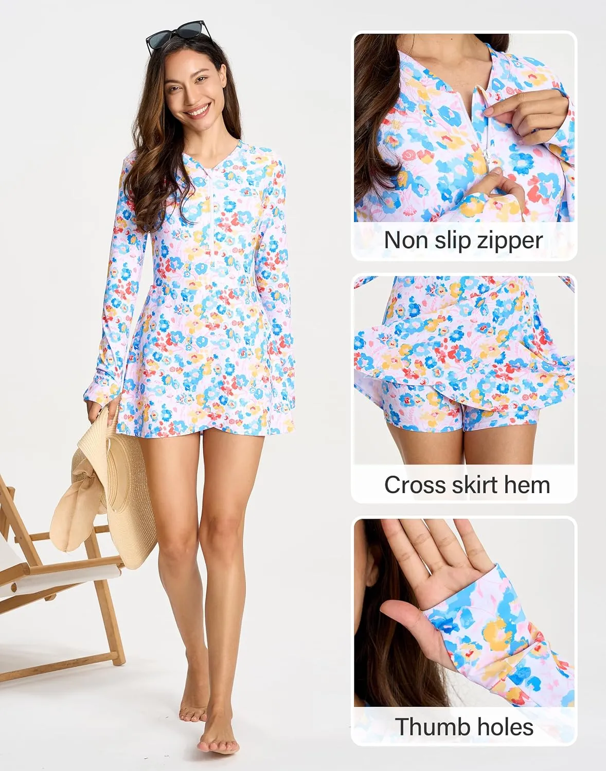 Long Sleeve Swimsuits for Women UPF 50  Swim Dress Swimwear One Piece Bathing Suit with Skirts Rash Guard Over 50