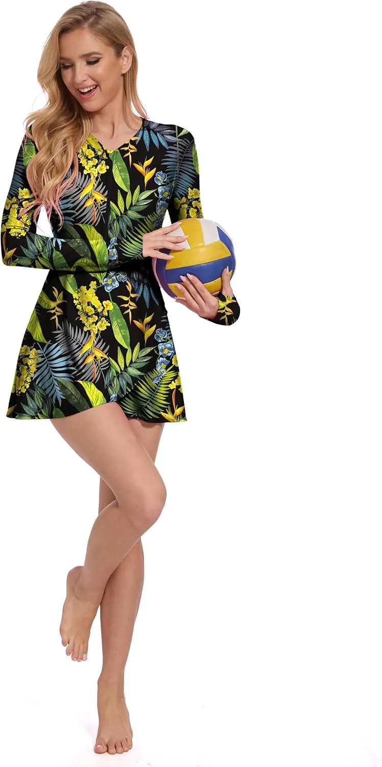 Long Sleeve Swimsuits for Women UPF 50  Swim Dress Swimwear One Piece Bathing Suit with Skirts Rash Guard Over 50