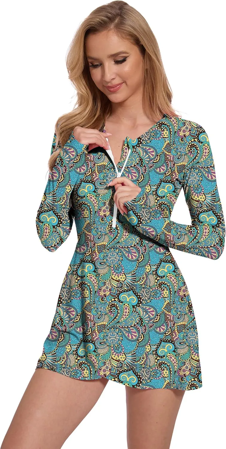 Long Sleeve Swimsuits for Women UPF 50  Swim Dress Swimwear One Piece Bathing Suit with Skirts Rash Guard Over 50