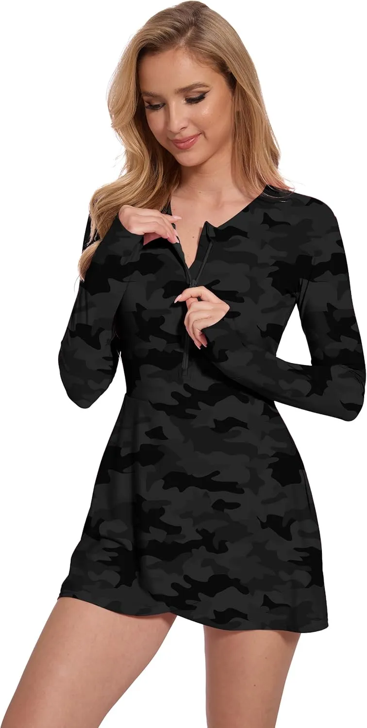 Long Sleeve Swimsuits for Women UPF 50  Swim Dress Swimwear One Piece Bathing Suit with Skirts Rash Guard Over 50