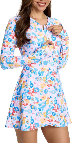 Long Sleeve Swimsuits for Women UPF 50  Swim Dress Swimwear One Piece Bathing Suit with Skirts Rash Guard Over 50