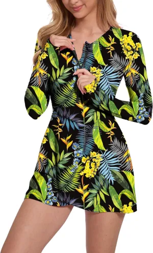 Long Sleeve Swimsuits for Women UPF 50  Swim Dress Swimwear One Piece Bathing Suit with Skirts Rash Guard Over 50