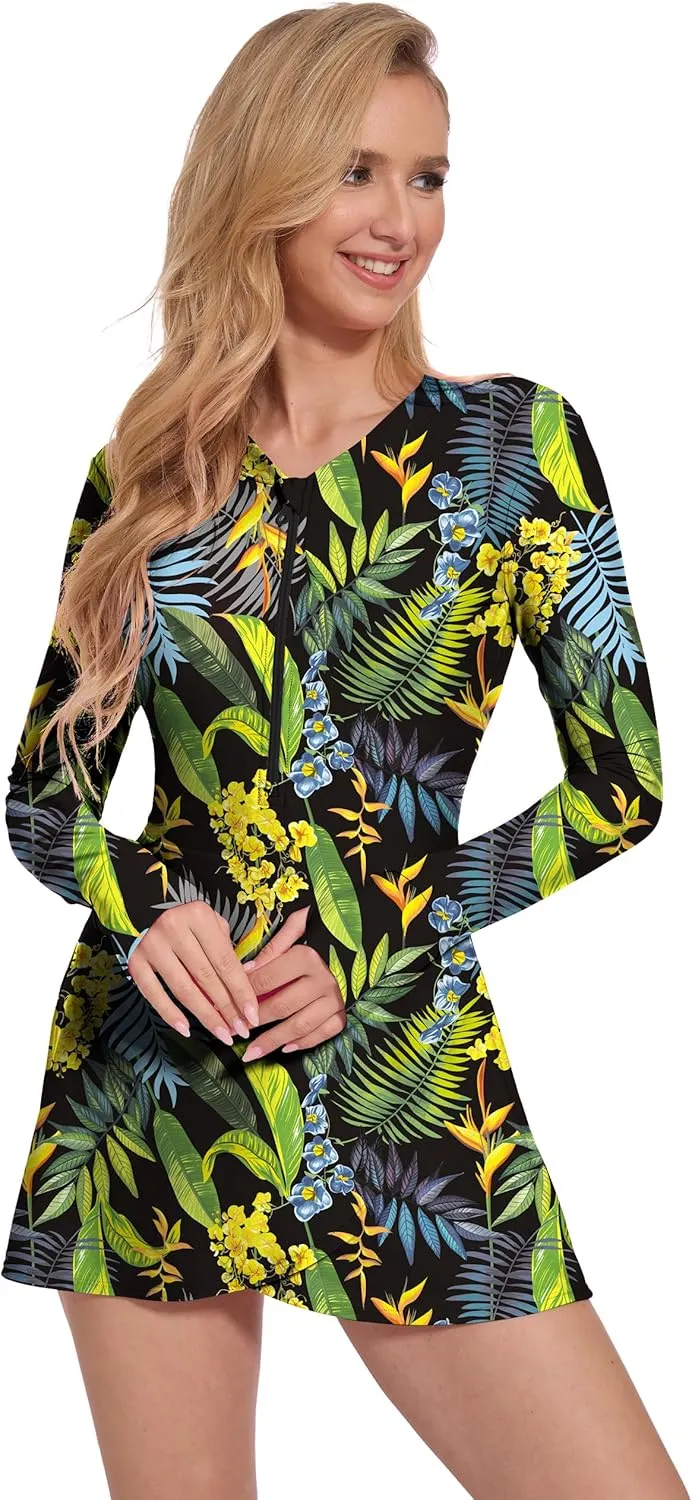 Long Sleeve Swimsuits for Women UPF 50  Swim Dress Swimwear One Piece Bathing Suit with Skirts Rash Guard Over 50