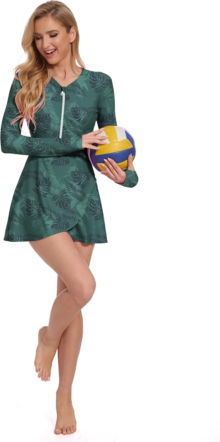 Long Sleeve Swimsuits for Women UPF 50  Swim Dress Swimwear One Piece Bathing Suit with Skirts Rash Guard Over 50