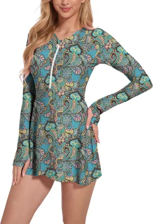 Long Sleeve Swimsuits for Women UPF 50  Swim Dress Swimwear One Piece Bathing Suit with Skirts Rash Guard Over 50