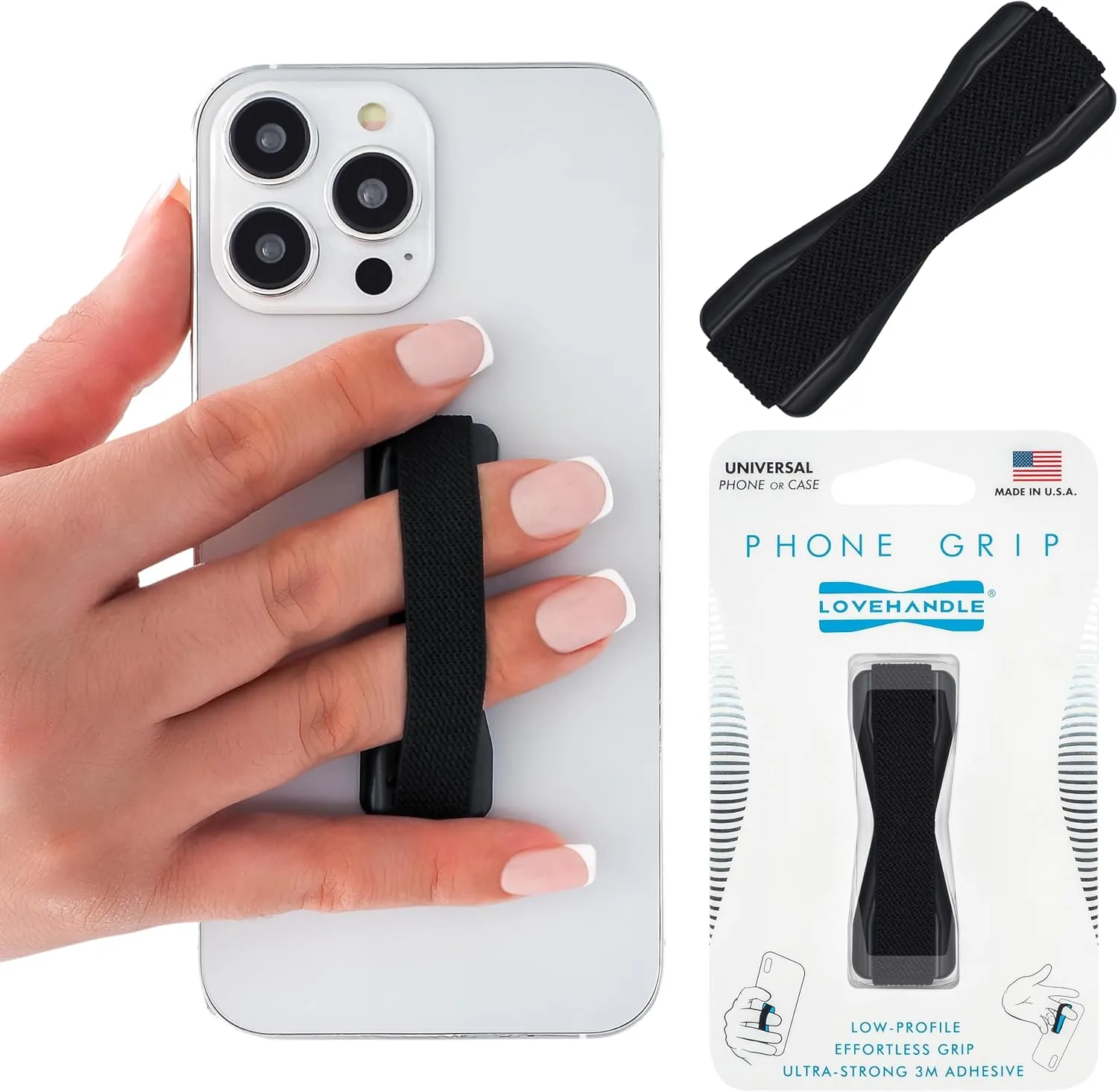LOVEHANDLE Universal Phone Grip for Smartphones & Mini Tablets - Phone Holder for Hand - Wireless Charging Compatible - Made in The USA - Solid Black