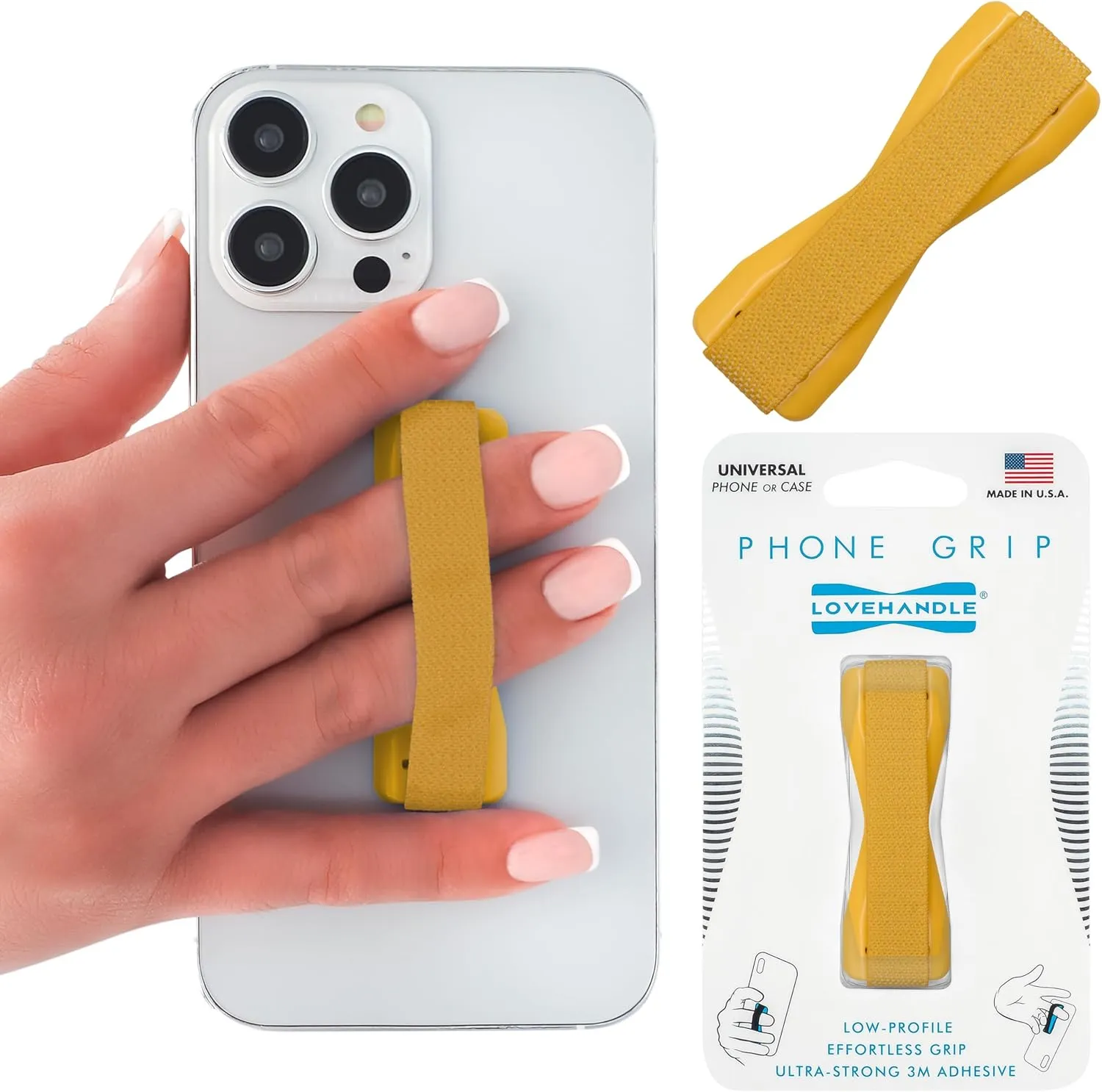 LOVEHANDLE Universal Phone Grip for Smartphones & Mini Tablets - Phone Holder for Hand - Wireless Charging Compatible - Made in The USA - Solid Goldenrod