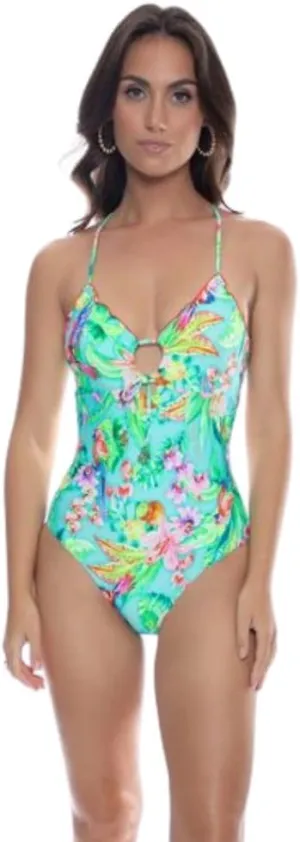 Luli Fama Caribbean Fantasy Wavy Drawstring Keyhole One Piece Swimsuit, Floral Print, Keyhole Front, Fuller Coverage
