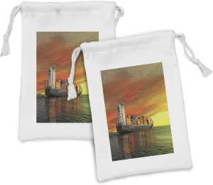 Lunarable Nautical Fabric Pouch Set of 2, Engineering Carrier Ship Scenery with Sky Dramatic Twilight View Maritime, Small Drawstring Bag for Toiletries Masks and Favors, 9" x 6", Orange Green