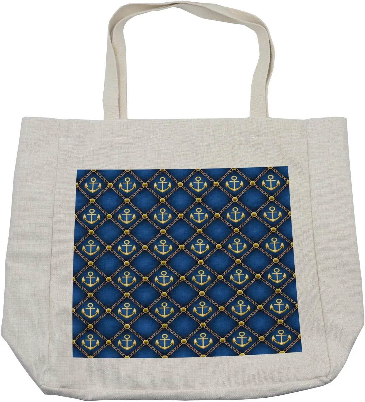 Lunarable Royal Blue Shopping Bag, Nautical Anchor Maritime Pattern Pirate Sea Ocean Chains Symbolic Image, Eco-Friendly Reusable Bag for Groceries Beach and More, 15.5" X 14.5", Cream