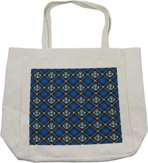 Lunarable Royal Blue Shopping Bag, Nautical Anchor Maritime Pattern Pirate Sea Ocean Chains Symbolic Image, Eco-Friendly Reusable Bag for Groceries Beach and More, 15.5" X 14.5", Cream