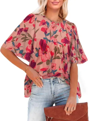 luvamia 2025 Blouses for Women Dressy Casual Floral Boho Babydoll Flowy Tops Summer Short Bell Sleeves Shirts
