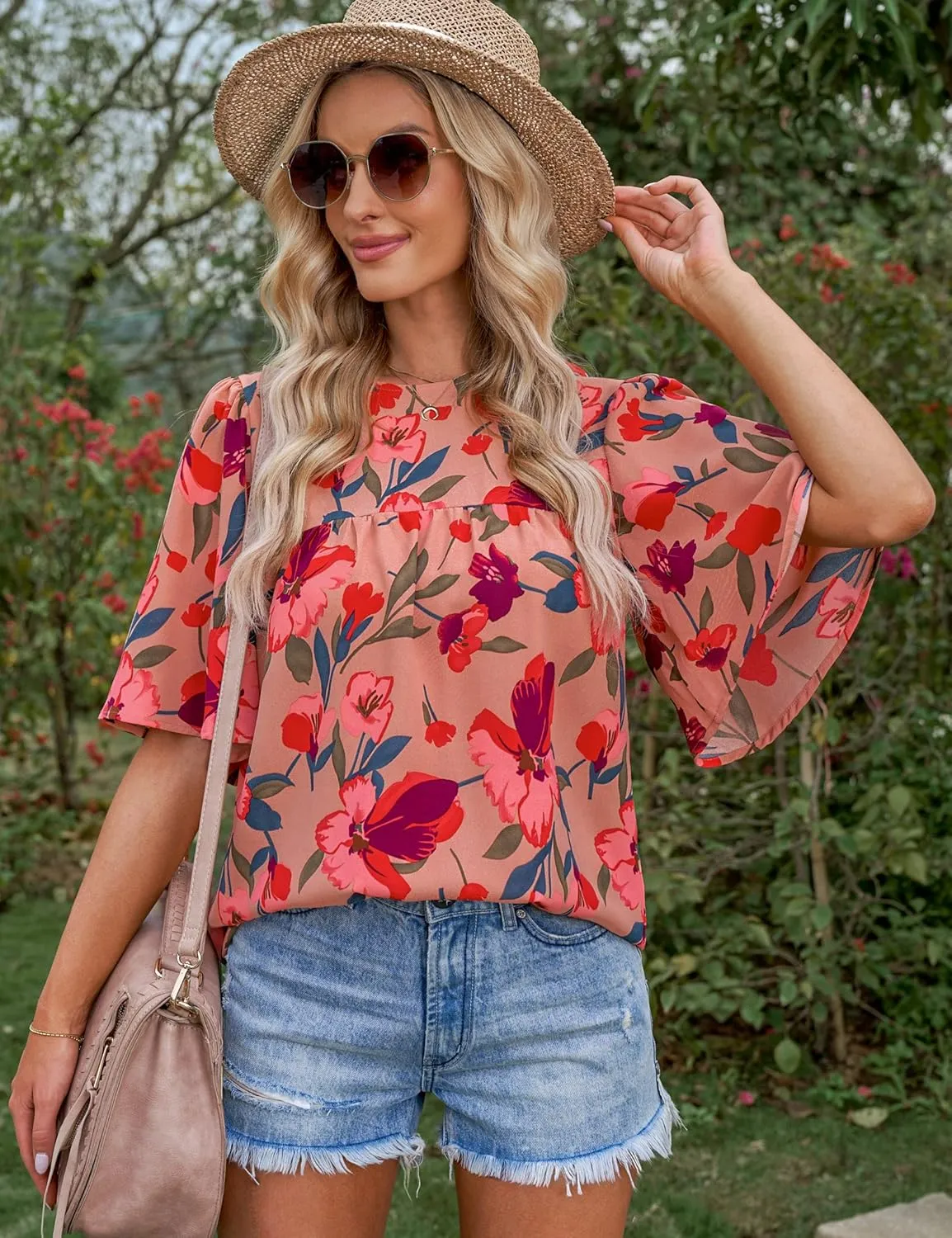 luvamia 2025 Blouses for Women Dressy Casual Floral Boho Babydoll Flowy Tops Summer Short Bell Sleeves Shirts