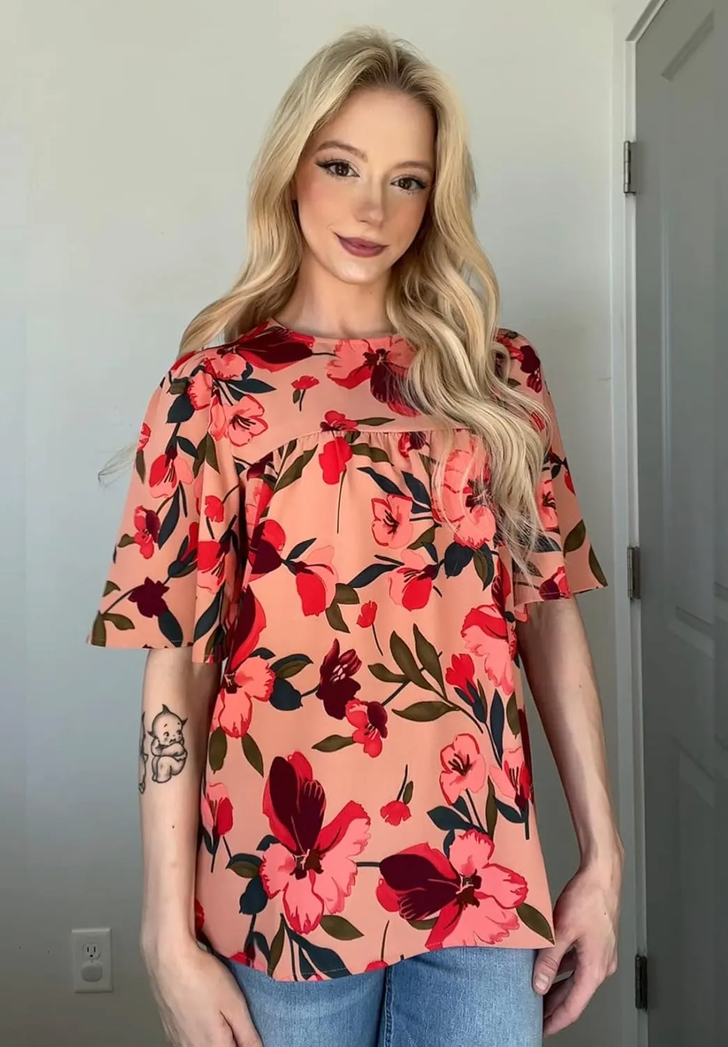 luvamia 2025 Blouses for Women Dressy Casual Floral Boho Babydoll Flowy Tops Summer Short Bell Sleeves Shirts