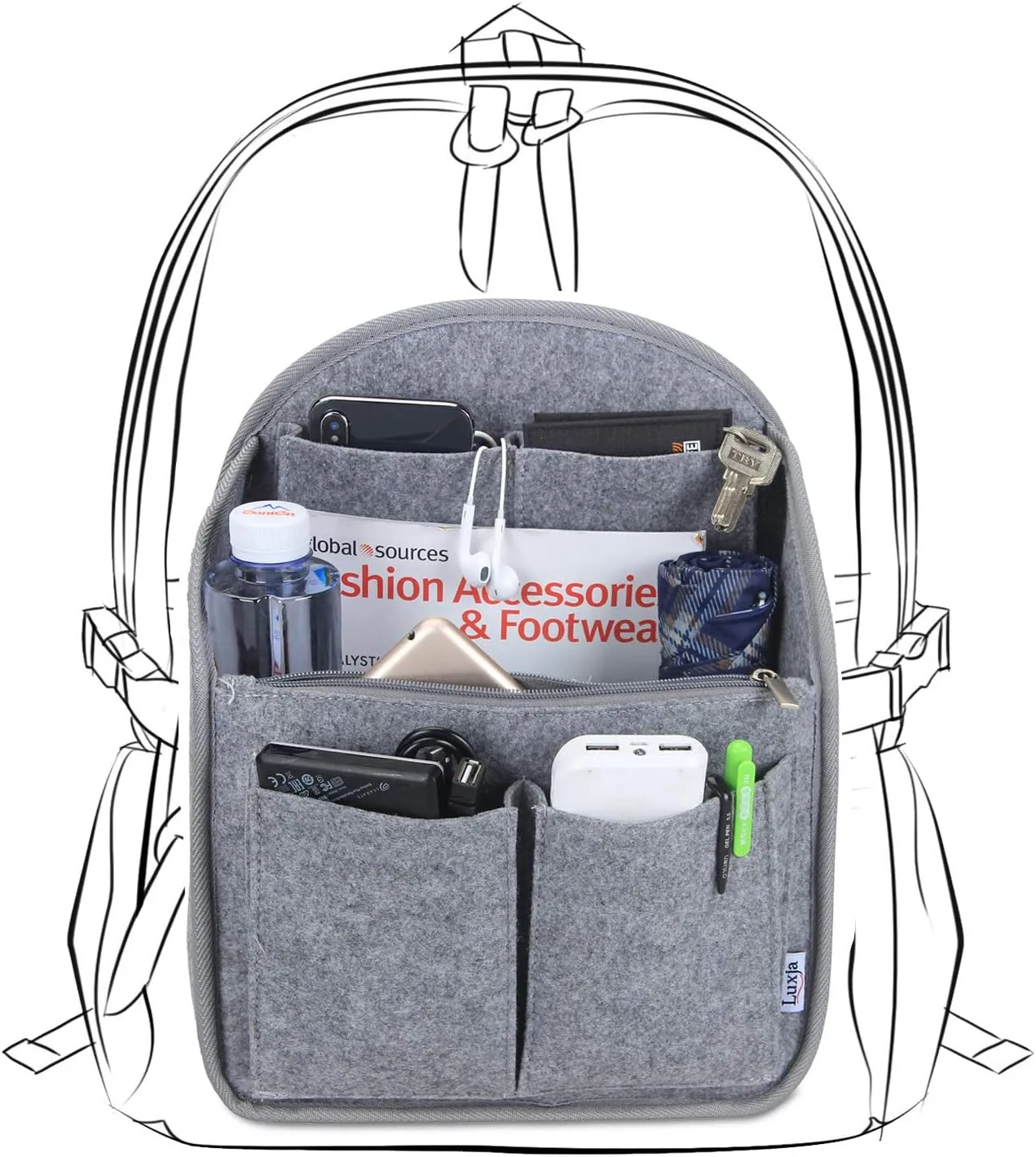 LUXJA Backpack Organizer, Felt Organizer Insert for Backpack, Gray