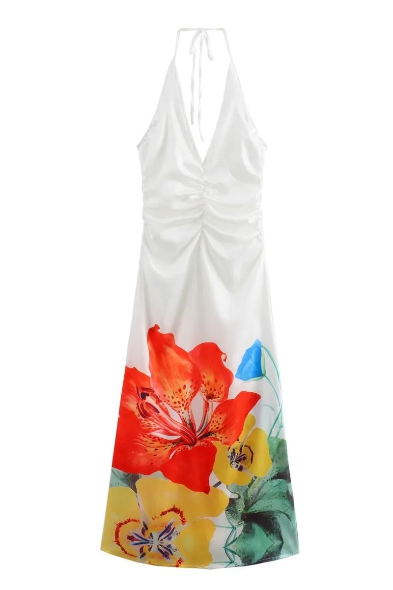 Martina Flower Print Halterneck Maxi Dress | White | Beach | Polyester