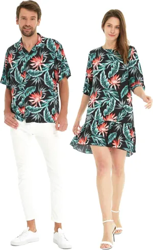 Matchable Couple Hawaiian Luau Shirt or 3/4 Sleeve Ruffle Dress in Blooming Lily