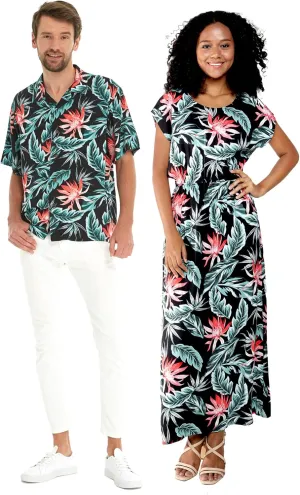 Matchable Couple Hawaiian Luau Shirt or Maxi Simple Dress in Blooming Lily Black