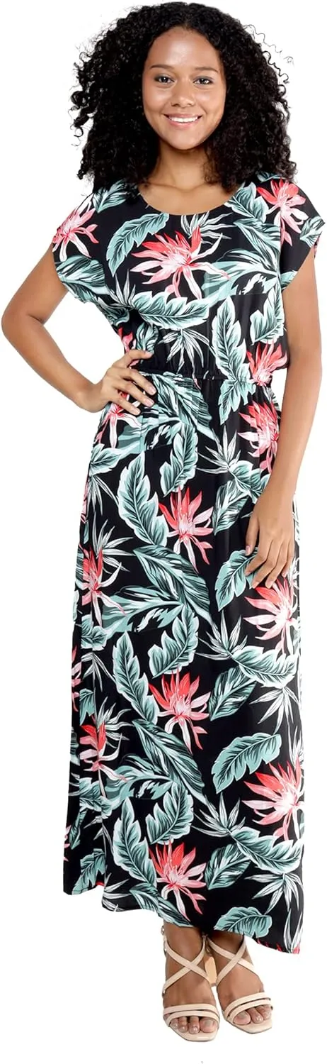 Matchable Couple Hawaiian Luau Shirt or Maxi Simple Dress in Blooming Lily Black