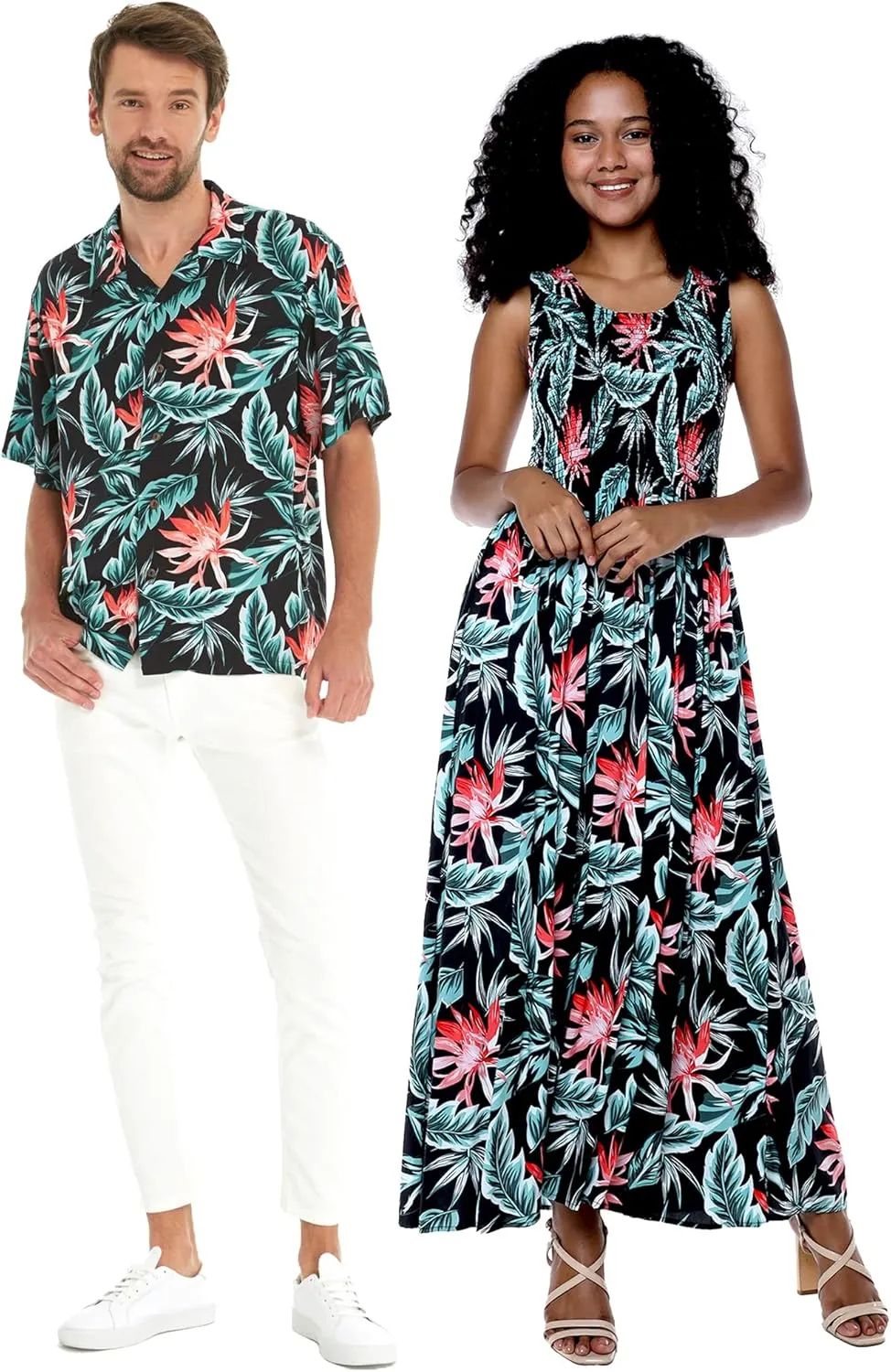 Matchable Couple Hawaiian Luau Shirt or Maxi Tank Dress in Blooming Lily Black