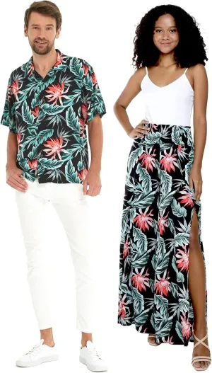 Matchable Couple Hawaiian Luau Shirt or Wide Legged Pants in Blooming Lily Black
