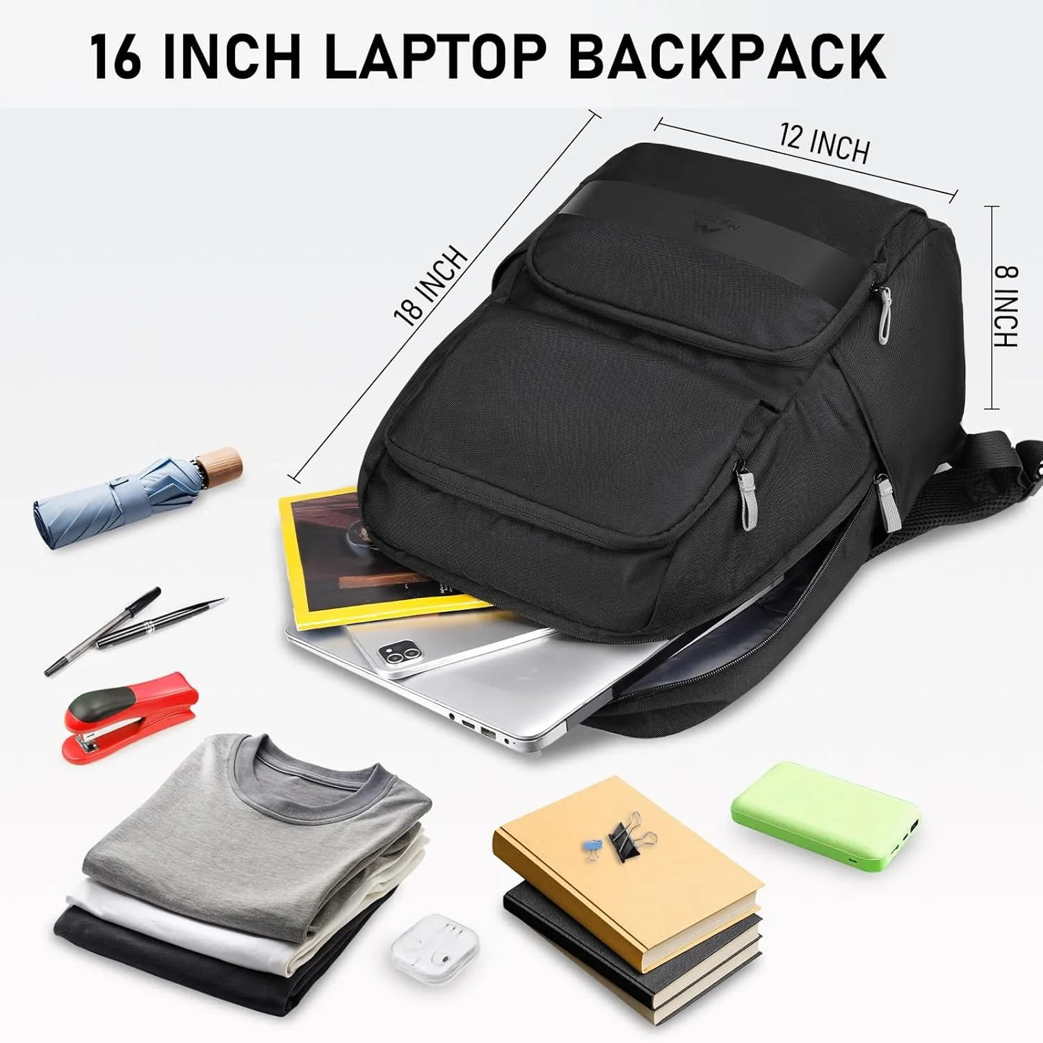 MATEIN Travel Laptop Backpack Lightweight, 16 Inch Slim Basic Backpack for Men Women, Water Resistant Simple Modern Backpacks Large College Computer Back Pack Daypack for Trip Commuter Office, Black