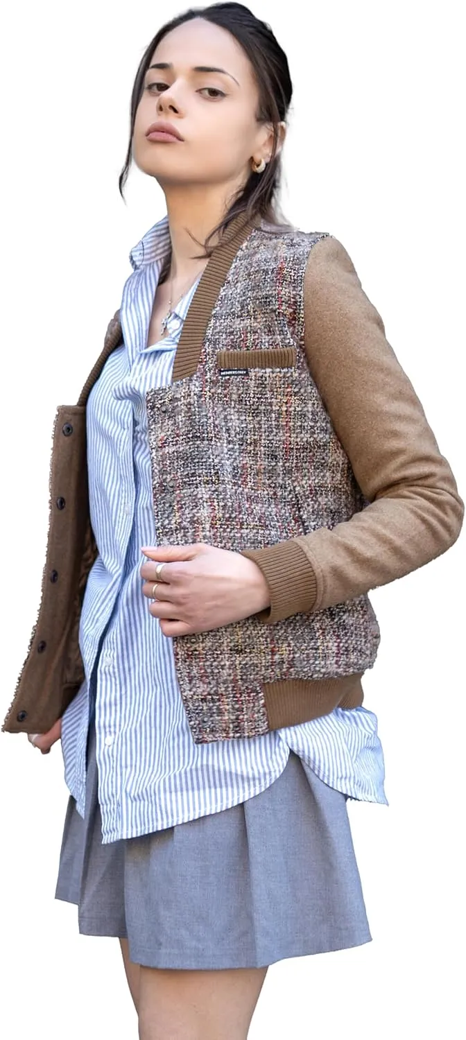 Members Only Women's Updated Tweed Varsity Jacket with Contrast Sleeve
