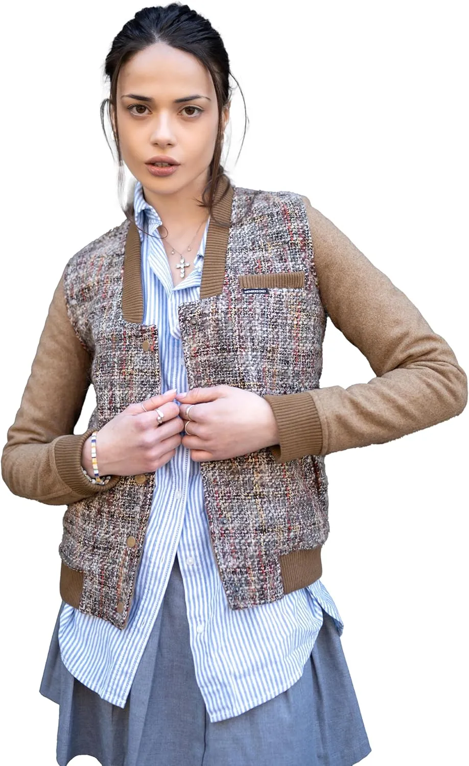 Members Only Women's Updated Tweed Varsity Jacket with Contrast Sleeve