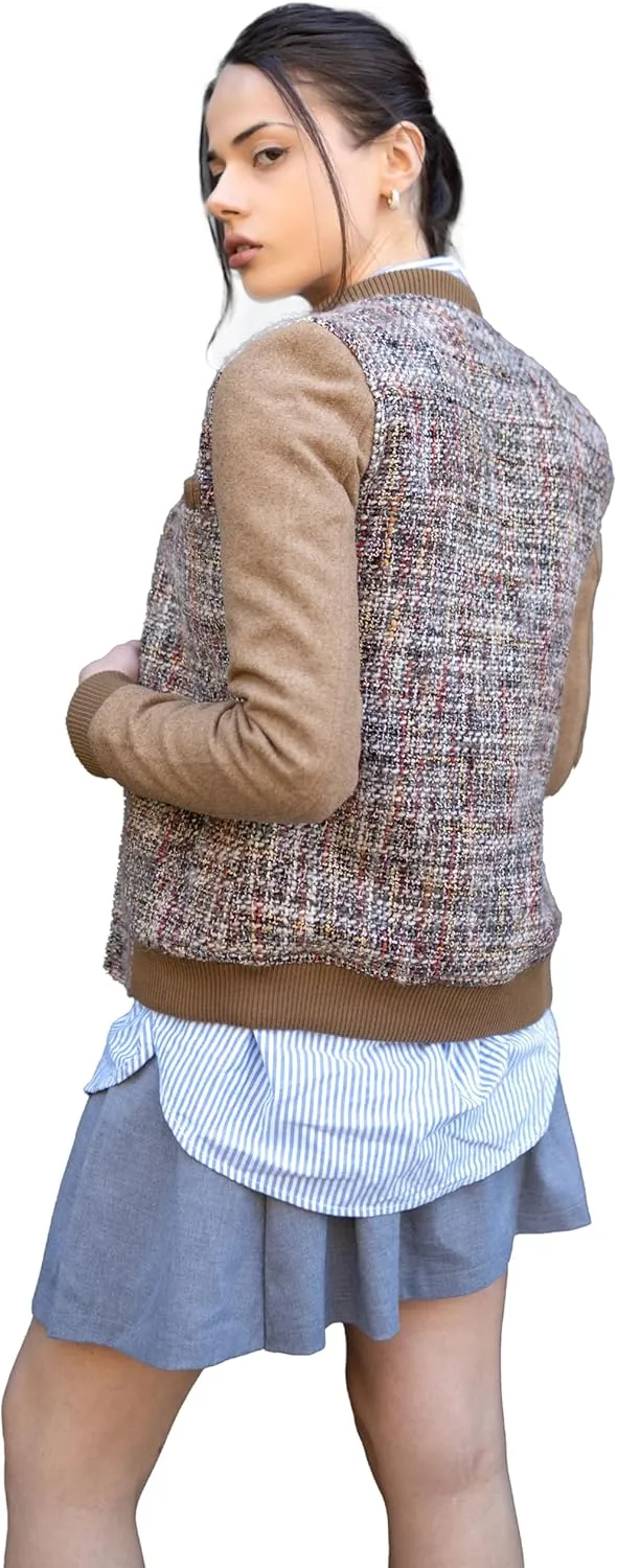 Members Only Women's Updated Tweed Varsity Jacket with Contrast Sleeve