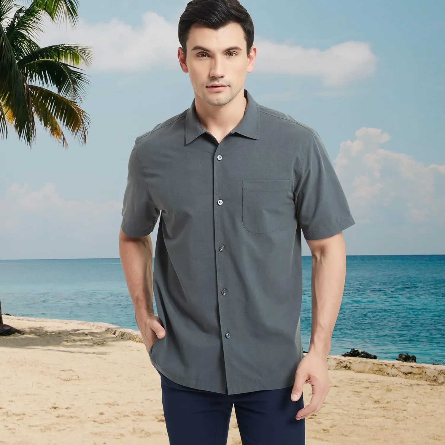 Men's Hawaiian Shirts Silk and Cotton Button Down Casual Tropical Holiday Beach Shirts