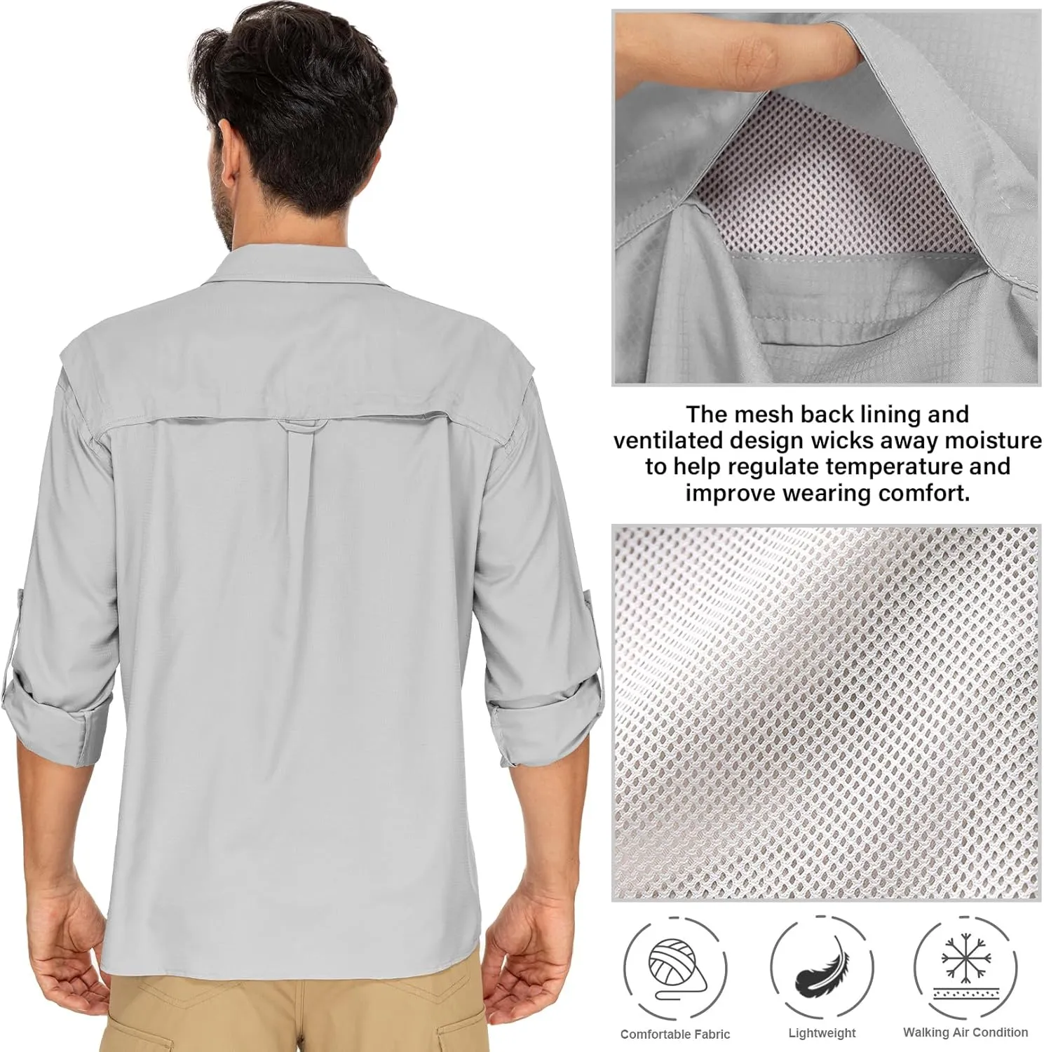 Men's Long Sleeve Sun Protection Fishing Shirt UPF 50  UV Quick Dry Cooling Shirts for Travel Safari Camping Outdoor Hiking