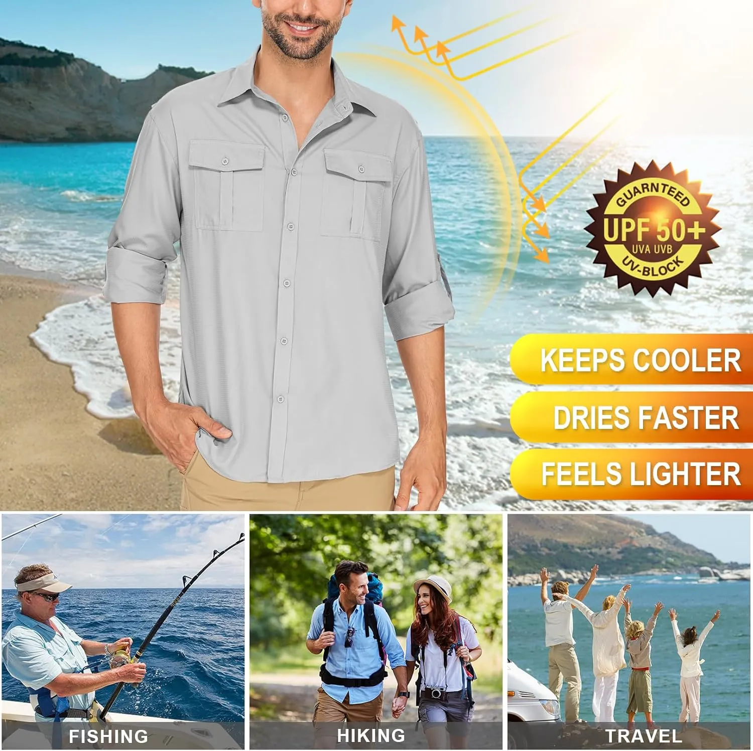 Men's Long Sleeve Sun Protection Fishing Shirt UPF 50  UV Quick Dry Cooling Shirts for Travel Safari Camping Outdoor Hiking