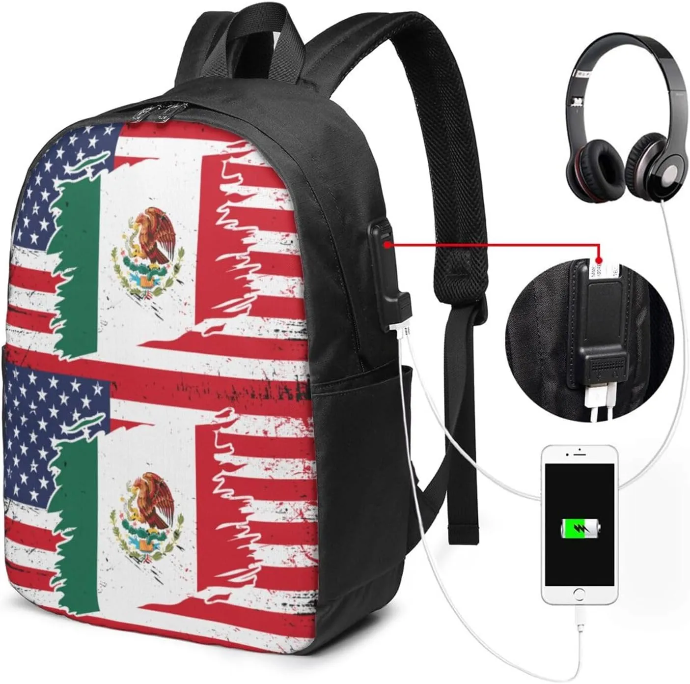 Mexican American Flag Laptop Backpacks Travel Backpack Casual Business Daypack Sport Rucksack Computer Bag Fits up to 17 Inch Notebook with USB Port