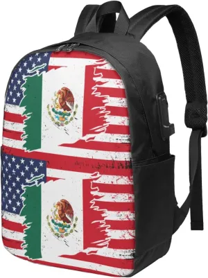 Mexican American Flag Laptop Backpacks Travel Backpack Casual Business Daypack Sport Rucksack Computer Bag Fits up to 17 Inch Notebook with USB Port