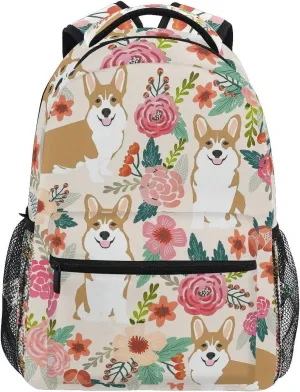 Miaoquhe Corgi Backpack for Girls Boys Men Women, Dogs Flowers Laptop Backpack for Travel School Lightweight Bookbag Large Capacity Cute School Bag Casual Daypack