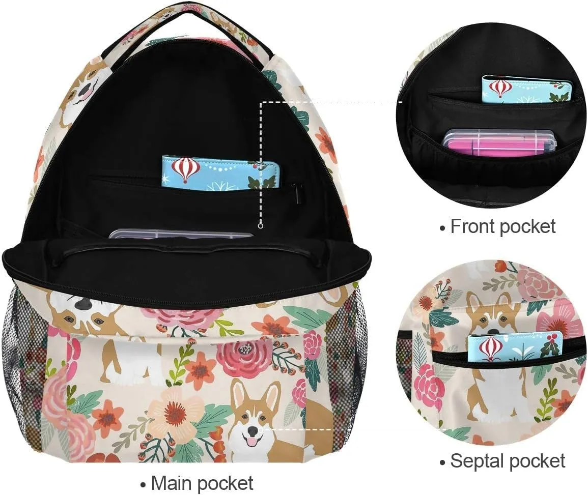 Miaoquhe Corgi Backpack for Girls Boys Men Women, Dogs Flowers Laptop Backpack for Travel School Lightweight Bookbag Large Capacity Cute School Bag Casual Daypack